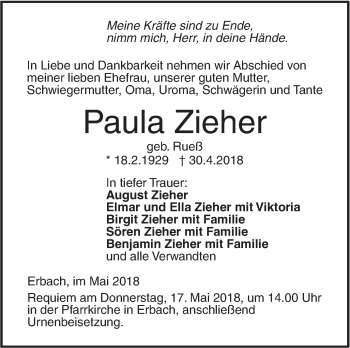 Traueranzeige von Paula Zieher von SÜDWEST PRESSE Ausgabe Ulm/Neu-Ulm