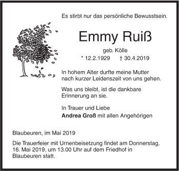 Traueranzeige von Emmy Ruiß von SÜDWEST PRESSE