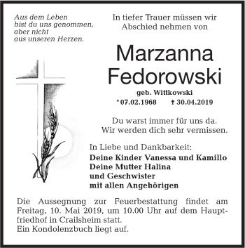 Traueranzeige von Marzanna Fedorowski von Hohenloher Tagblatt