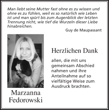 Traueranzeige von Marzanna Fedorowski von Hohenloher Tagblatt