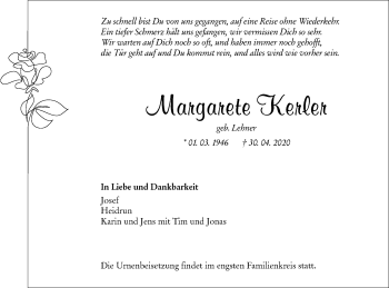 Traueranzeige von Margarete Kerler von SÜDWEST PRESSE Ausgabe Ulm/Neu-Ulm