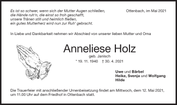 Traueranzeige von Anneliese Holz von NWZ Neue Württembergische Zeitung