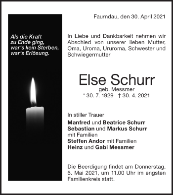Traueranzeige von Else Schurr von NWZ Neue Württembergische Zeitung
