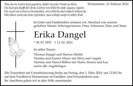 Traueranzeige von Erika Dangel von Alb-Bote/Metzinger-Uracher Volksblatt