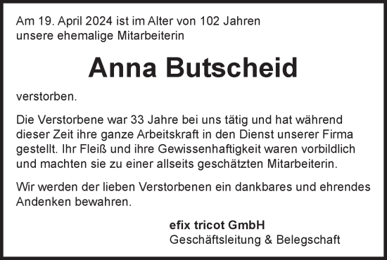 Traueranzeige von Anna Butscheid von SÜDWEST PRESSE Zollernalbkreis/Hohenzollerische Zeitung
