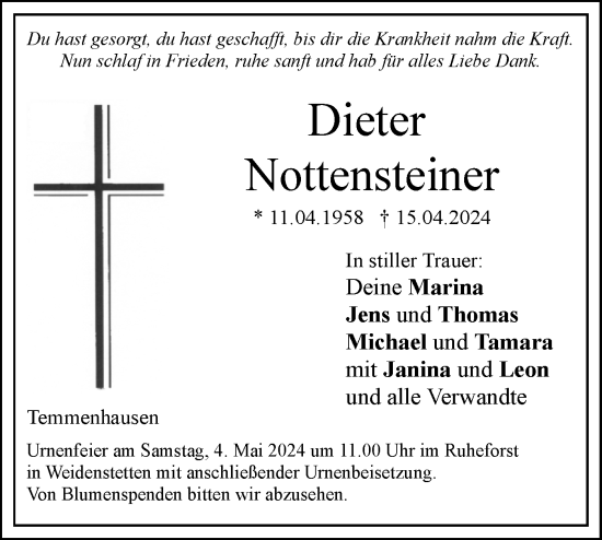 Traueranzeige von Dieter Nottensteiner von SÜDWEST PRESSE Ausgabe Ulm/Neu-Ulm