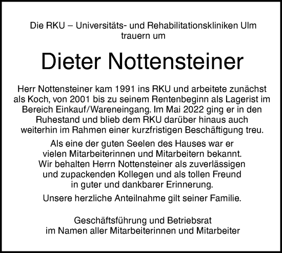 Traueranzeige von Dieter Nottensteiner von SÜDWEST PRESSE Ausgabe Ulm/Neu-Ulm