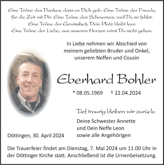 Traueranzeige von Eberhard Bohler von Haller Tagblatt