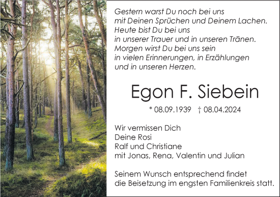 Traueranzeige von Egon  Siebein von SÜDWEST PRESSE Ausgabe Ulm/Neu-Ulm