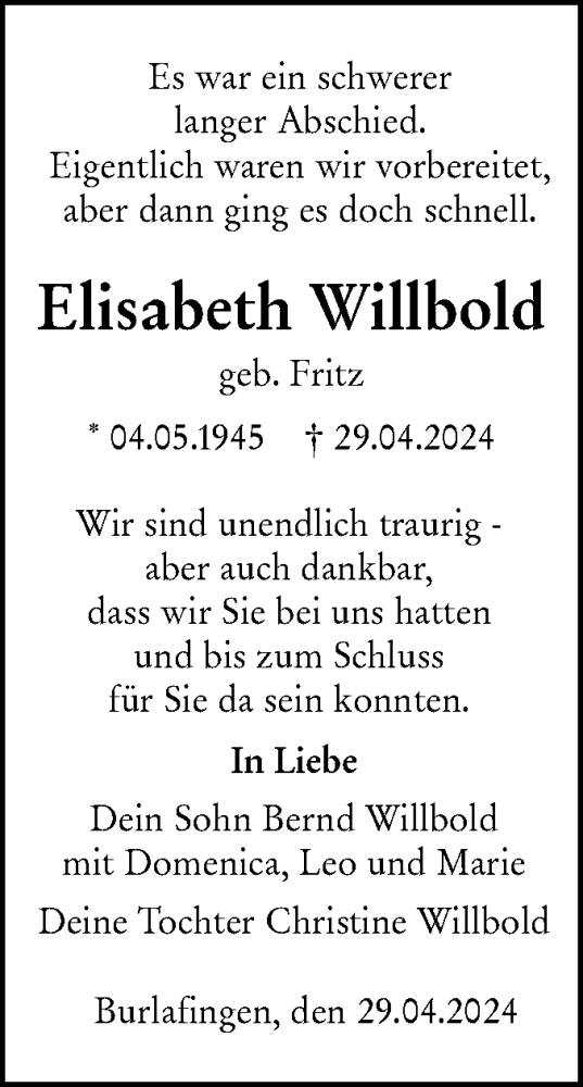 Traueranzeige von Elisabeth Willbold von SÜDWEST PRESSE Ausgabe Ulm/Neu-Ulm