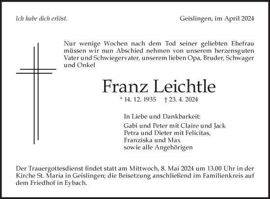 Traueranzeige von Franz Leichtle von Geislinger Zeitung