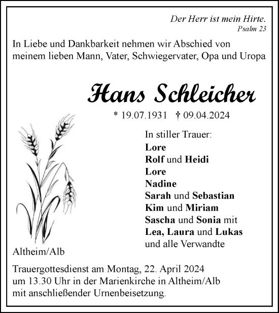 Traueranzeige von Hans Schleicher von SÜDWEST PRESSE Ausgabe Ulm/Neu-Ulm