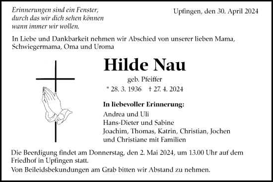 Traueranzeige von Hilde Nau von Alb-Bote/Metzinger-Uracher Volksblatt