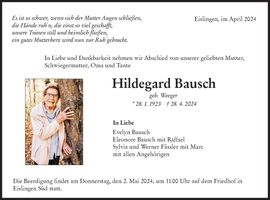 Traueranzeige von Hildegard Bausch von NWZ Neue Württembergische Zeitung