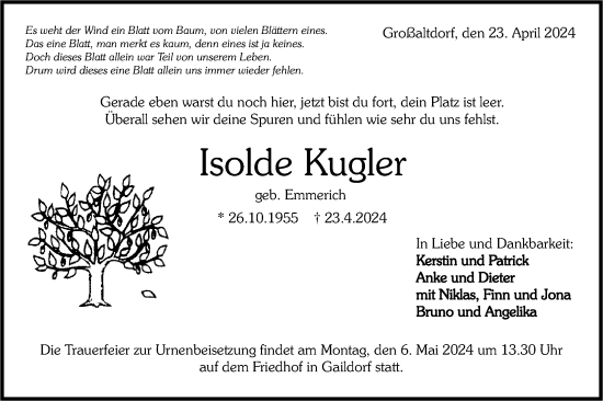 Traueranzeige von Isolde Kugler von Rundschau Gaildorf