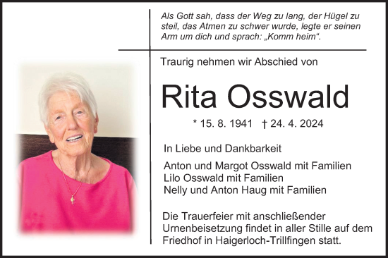 Traueranzeige von Rita Osswald von SÜDWEST PRESSE Zollernalbkreis/Hohenzollerische Zeitung