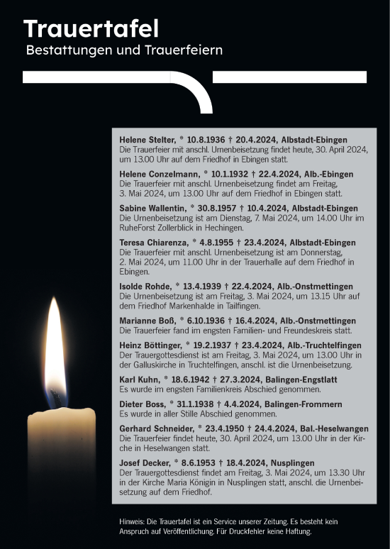 Traueranzeige von Totentafel vom 30.04.2024 von SÜDWEST PRESSE Zollernalbkreis/Hohenzollerische Zeitung