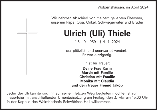 Traueranzeige von Ulrich Thiele von Haller Tagblatt