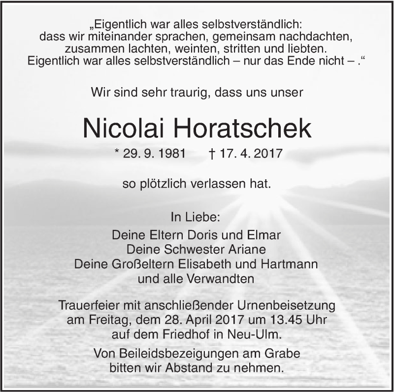  Traueranzeige für Nicolai Horatschek vom 25.04.2017 aus Südwest Presse