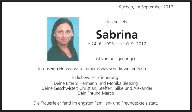  Traueranzeige für Sabrina  vom 21.09.2017 aus Geislinger Zeitung