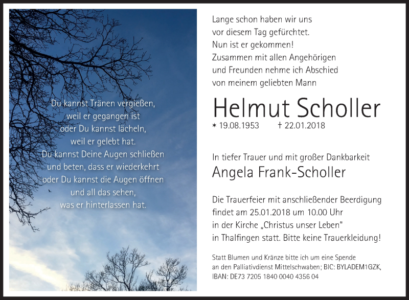  Traueranzeige für Helmut Scholler vom 23.01.2018 aus SÜDWEST PRESSE Ausgabe Ulm/Neu-Ulm