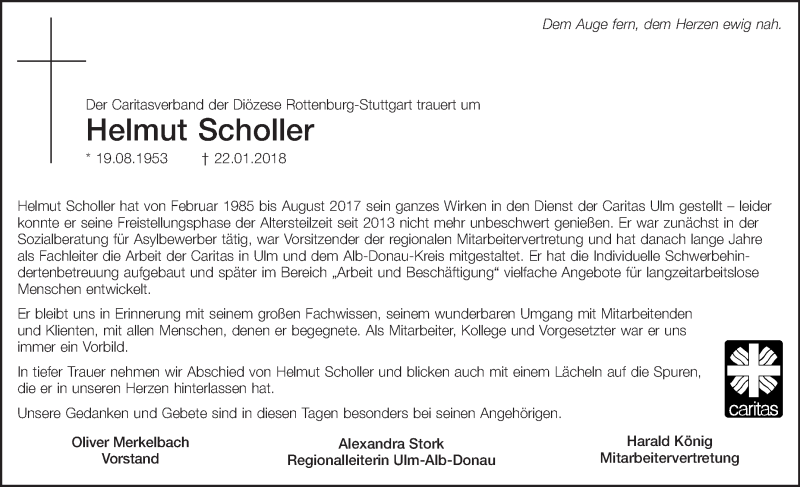  Traueranzeige für Helmut Scholler vom 25.01.2018 aus SÜDWEST PRESSE
