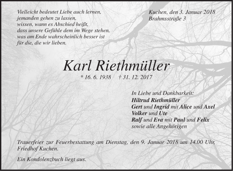  Traueranzeige für Karl Riethmüller vom 03.01.2018 aus NWZ Neue Württembergische Zeitung/Geislinger Zeitung