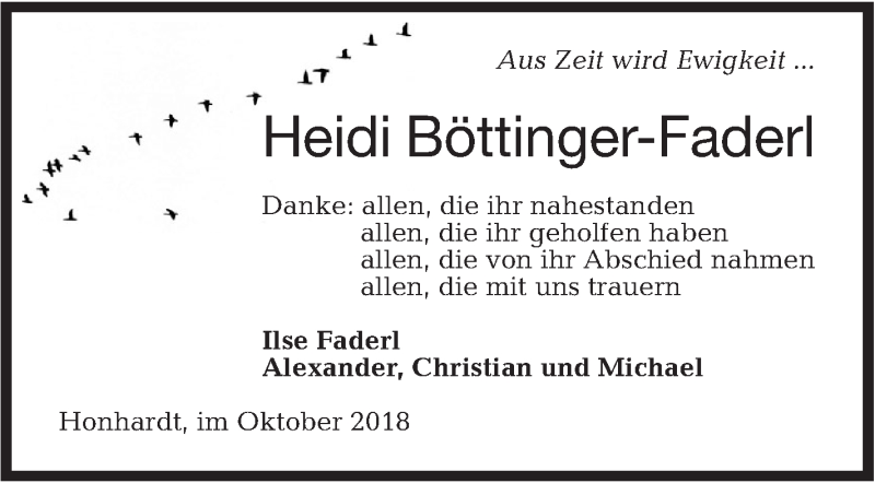  Traueranzeige für Heidi Böttinger-Faderl vom 18.10.2018 aus Hohenloher Tagblatt