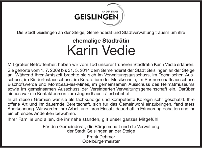  Traueranzeige für Karin Vedie vom 11.10.2018 aus Geislinger Zeitung