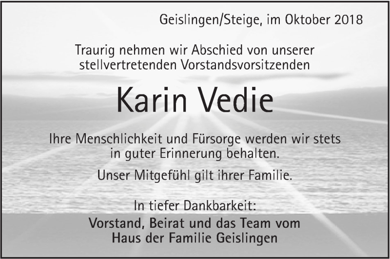  Traueranzeige für Karin Vedie vom 13.10.2018 aus Geislinger Zeitung