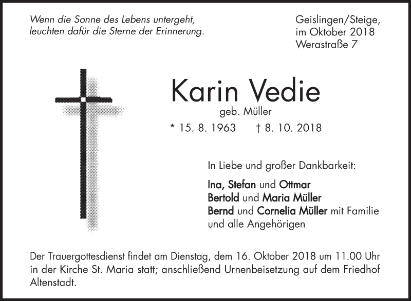  Traueranzeige für Karin Vedie vom 11.10.2018 aus Geislinger Zeitung