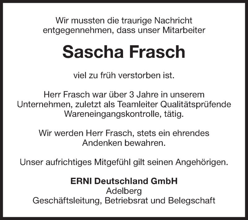  Traueranzeige für Sascha Frasch vom 27.10.2018 aus NWZ Neue Württembergische Zeitung