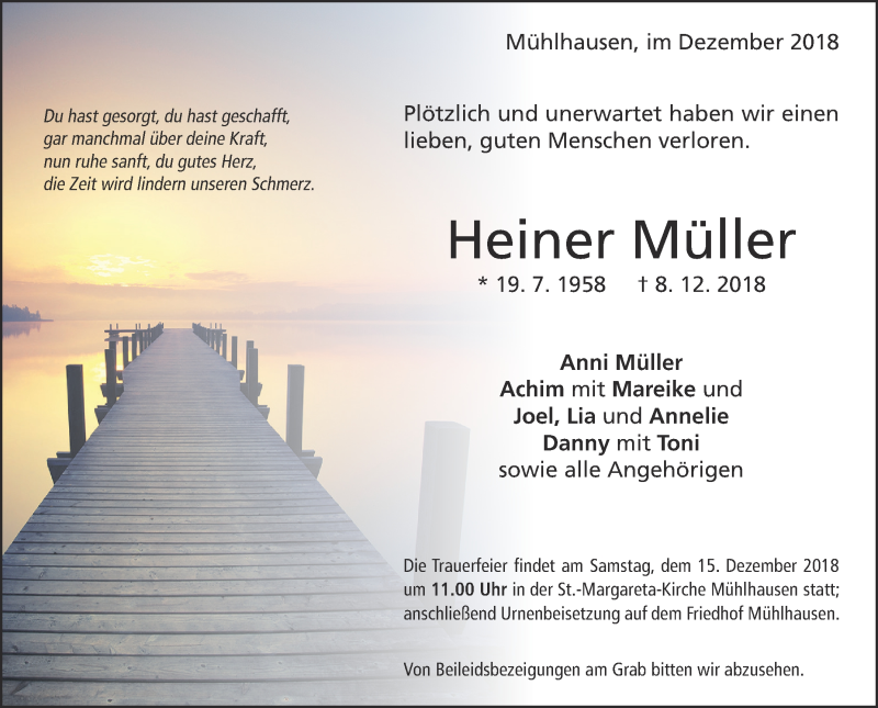  Traueranzeige für Heiner Müller vom 13.12.2018 aus Geislinger Zeitung
