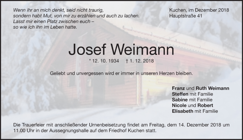  Traueranzeige für Josef Weimann vom 10.12.2018 aus Geislinger Zeitung