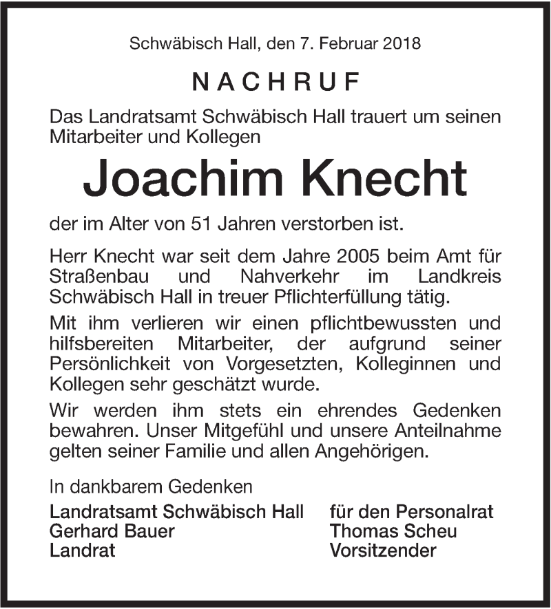  Traueranzeige für Joachim Knecht vom 07.02.2018 aus Rundschau Gaildorf