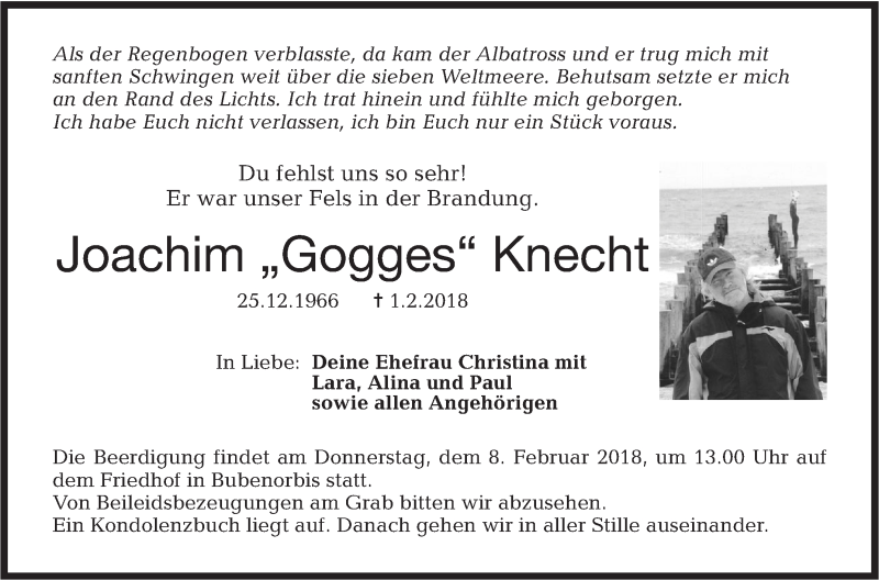  Traueranzeige für Joachim Knecht vom 03.02.2018 aus Haller Tagblatt