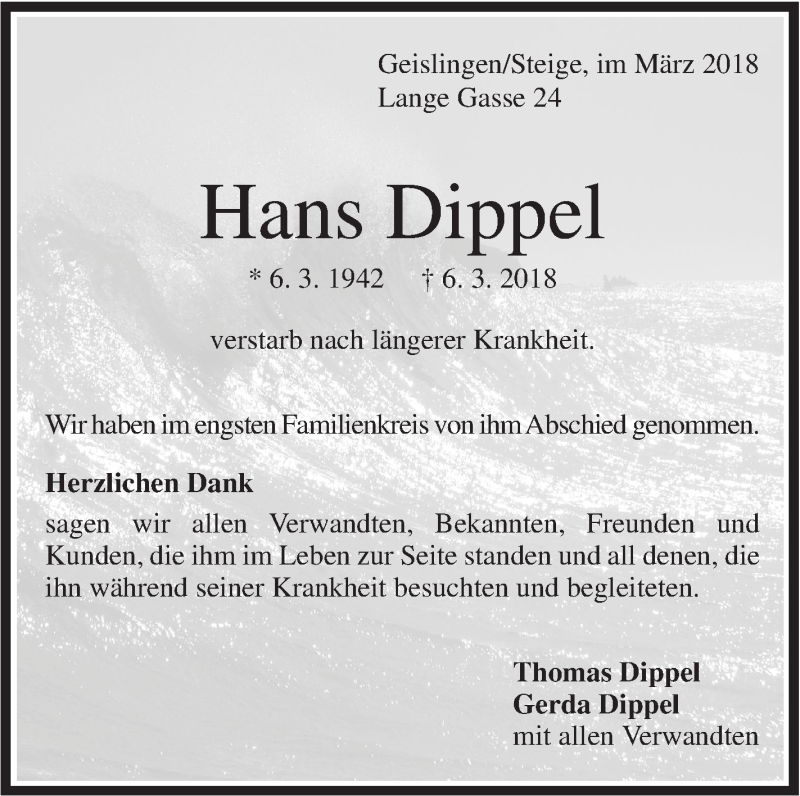  Traueranzeige für Hans Dippel vom 17.03.2018 aus Geislinger Zeitung
