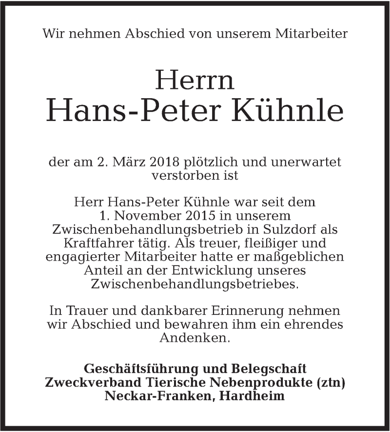  Traueranzeige für Hans-Peter Kühnle vom 06.03.2018 aus Rundschau Gaildorf