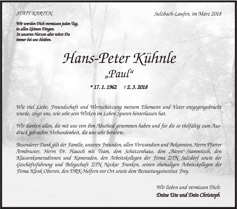  Traueranzeige für Hans-Peter Kühnle vom 24.03.2018 aus Rundschau Gaildorf