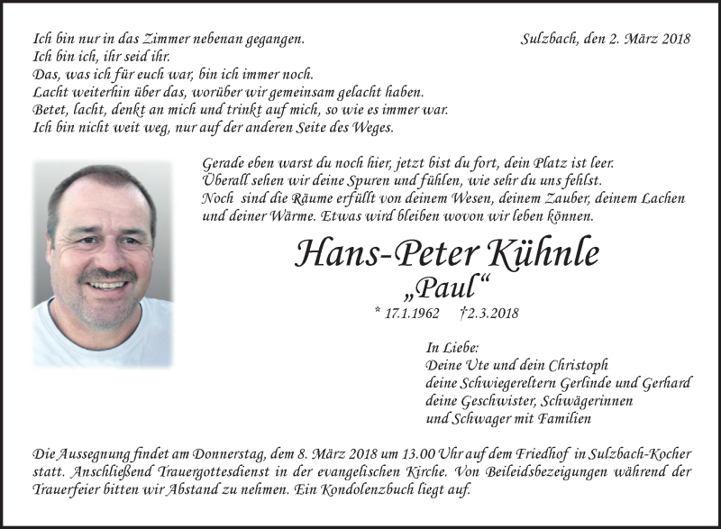  Traueranzeige für Hans-Peter Kühnle vom 06.03.2018 aus Rundschau Gaildorf