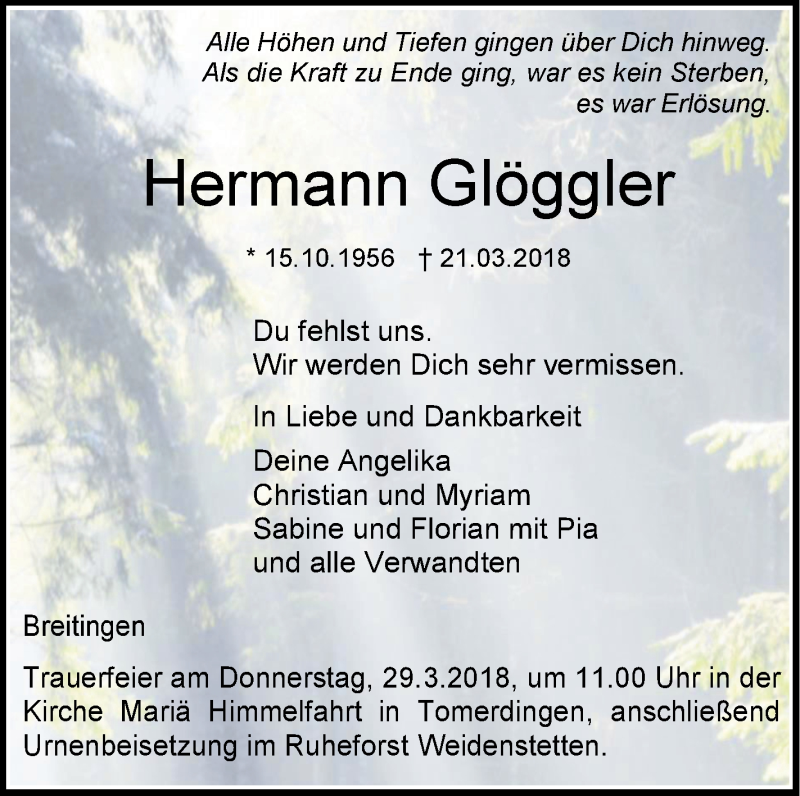  Traueranzeige für Hermann Glöggler vom 26.03.2018 aus SÜDWEST PRESSE Ausgabe Ulm/Neu-Ulm