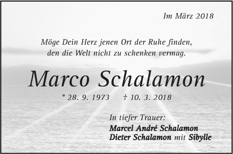  Traueranzeige für Marco Schalamon vom 16.03.2018 aus Geislinger Zeitung