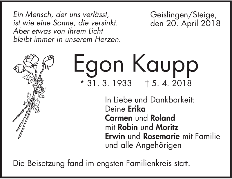  Traueranzeige für Egon Kaupp vom 20.04.2018 aus Geislinger Zeitung