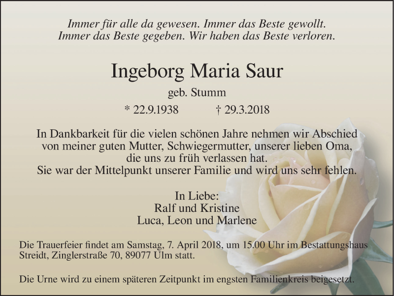  Traueranzeige für Ingeborg Maria Saur vom 04.04.2018 aus SÜDWEST PRESSE Ausgabe Ulm/Neu-Ulm