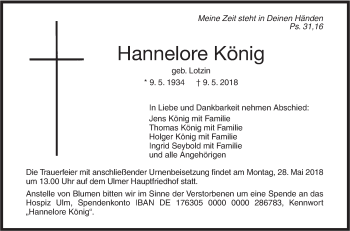 Traueranzeige von Hannelore König von SÜDWEST PRESSE Ausgabe Ulm/Neu-Ulm