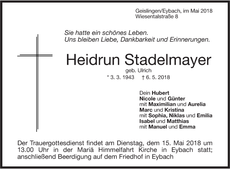 Traueranzeige für Heidrun Stadelmayer vom 09.05.2018 aus Geislinger Zeitung