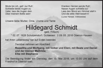 Traueranzeige von Hildegard Schmidt von Rundschau Gaildorf