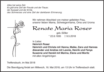 Traueranzeige von Renate Maria Roser von SÜDWEST PRESSE Ausgabe Ulm/Neu-Ulm