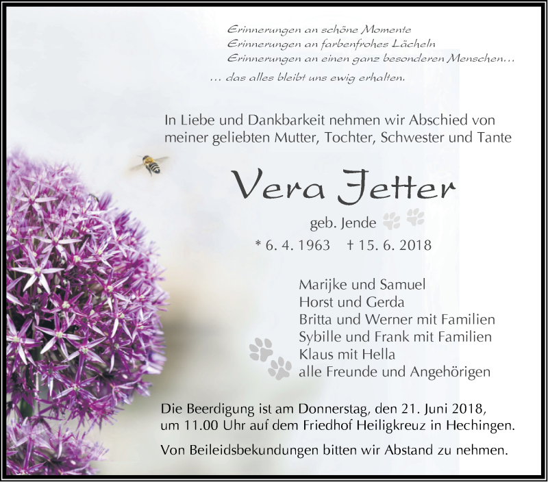  Traueranzeige für Vera Jetter vom 19.06.2018 aus Hohenzollerische Zeitung
