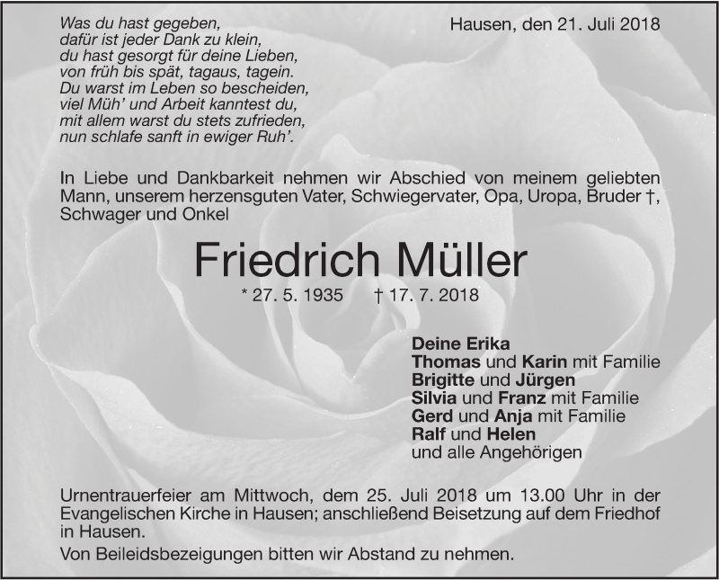  Traueranzeige für Friedrich Müller vom 21.07.2018 aus Geislinger Zeitung